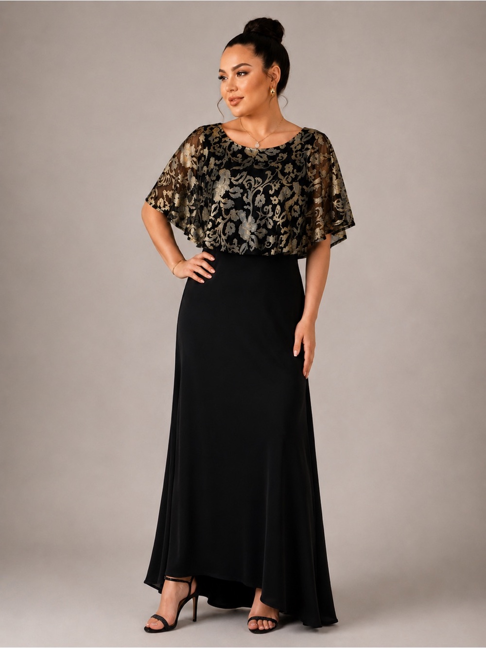 Mother-of-the-bride or party dress. Dress with Gold Lace
Sheer Floral Capelet